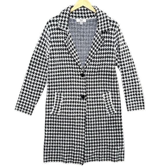 Magaschoni Houndstooth Sweater Coat Faux Fur Medium Black White - Picture 4 of 16
